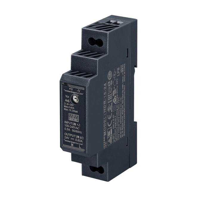HDR-015-24 HDR1524 24Vdc 0.63Amp DIN Rail StepShape  MEANWELL |