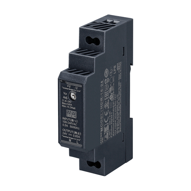 HDR-015-24 HDR1524 24Vdc 0.63Amp DIN Rail StepShape  MEANWELL |