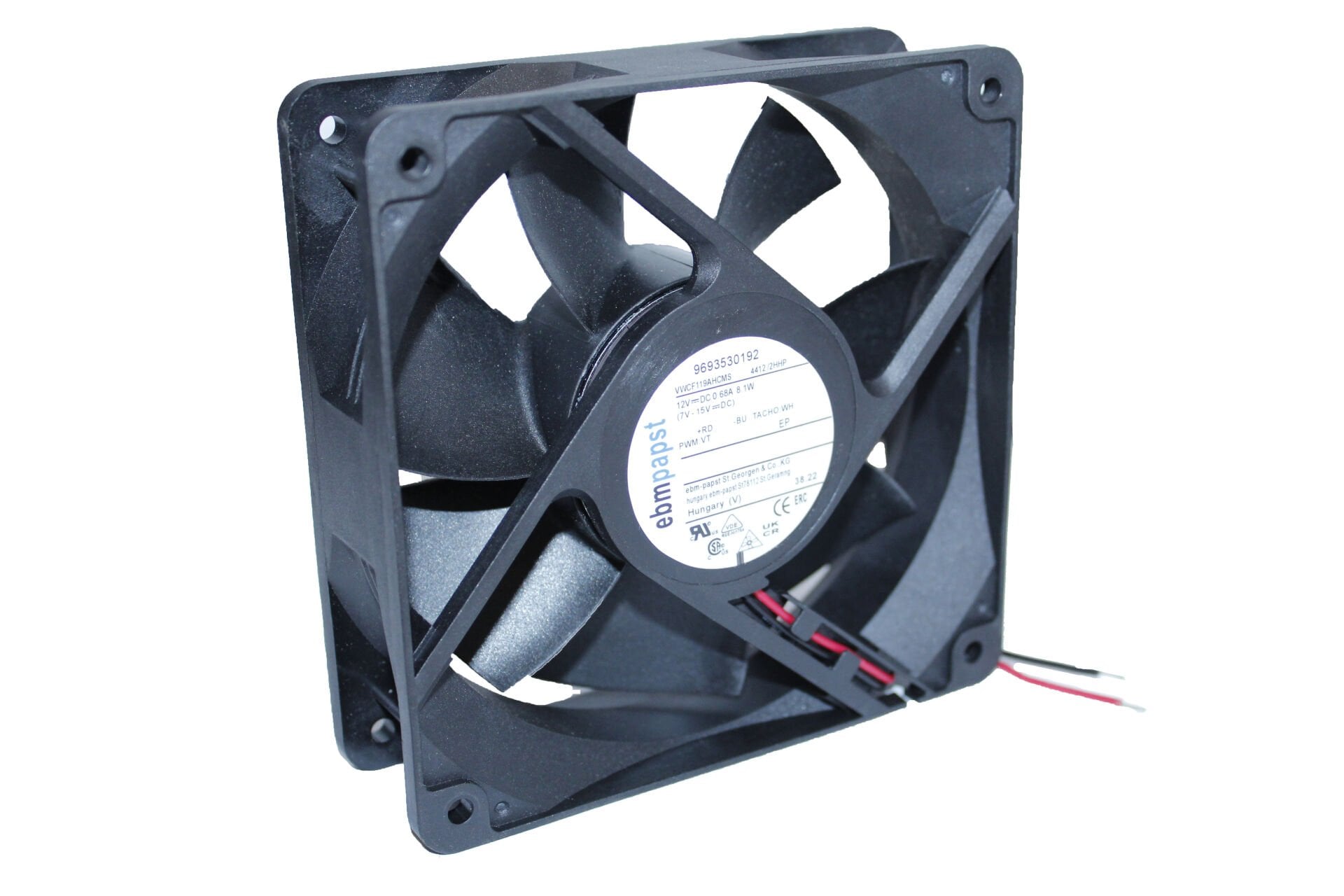 4412/2HHP | 12V DC 0.68A 8.1W 167.7CFM 119x119x38mm Speed Signal/Open Collector Output Tubeaxial Fan